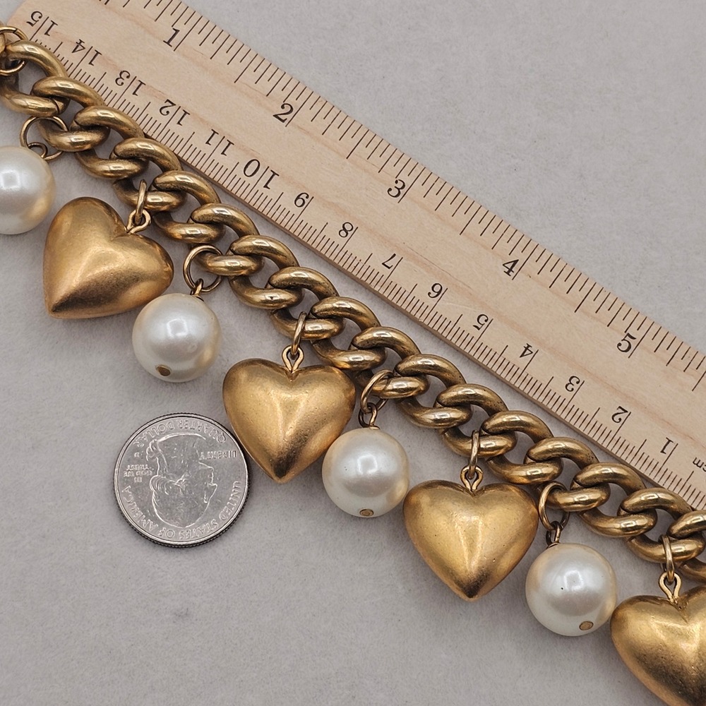 Anne Klein Puffy Heart Charm Bracelet Faux Pearl Chunky Gold Tone Chain 6.5in. - Picture 9 of 13